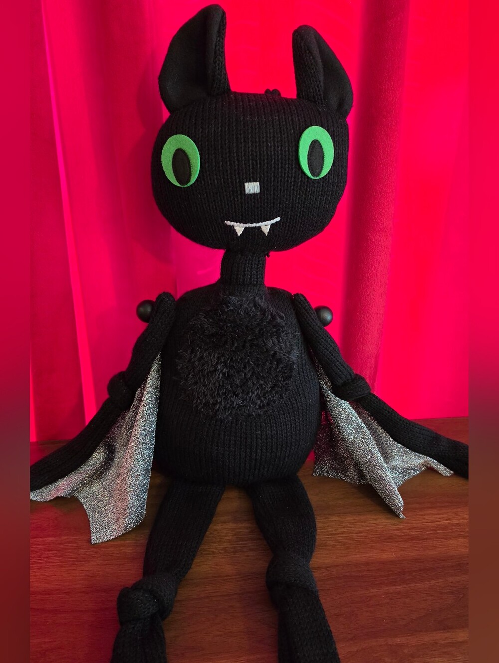 Hyde and EEK! Knit Black Bat with Green Eyes & Siver Wings Large NWT
